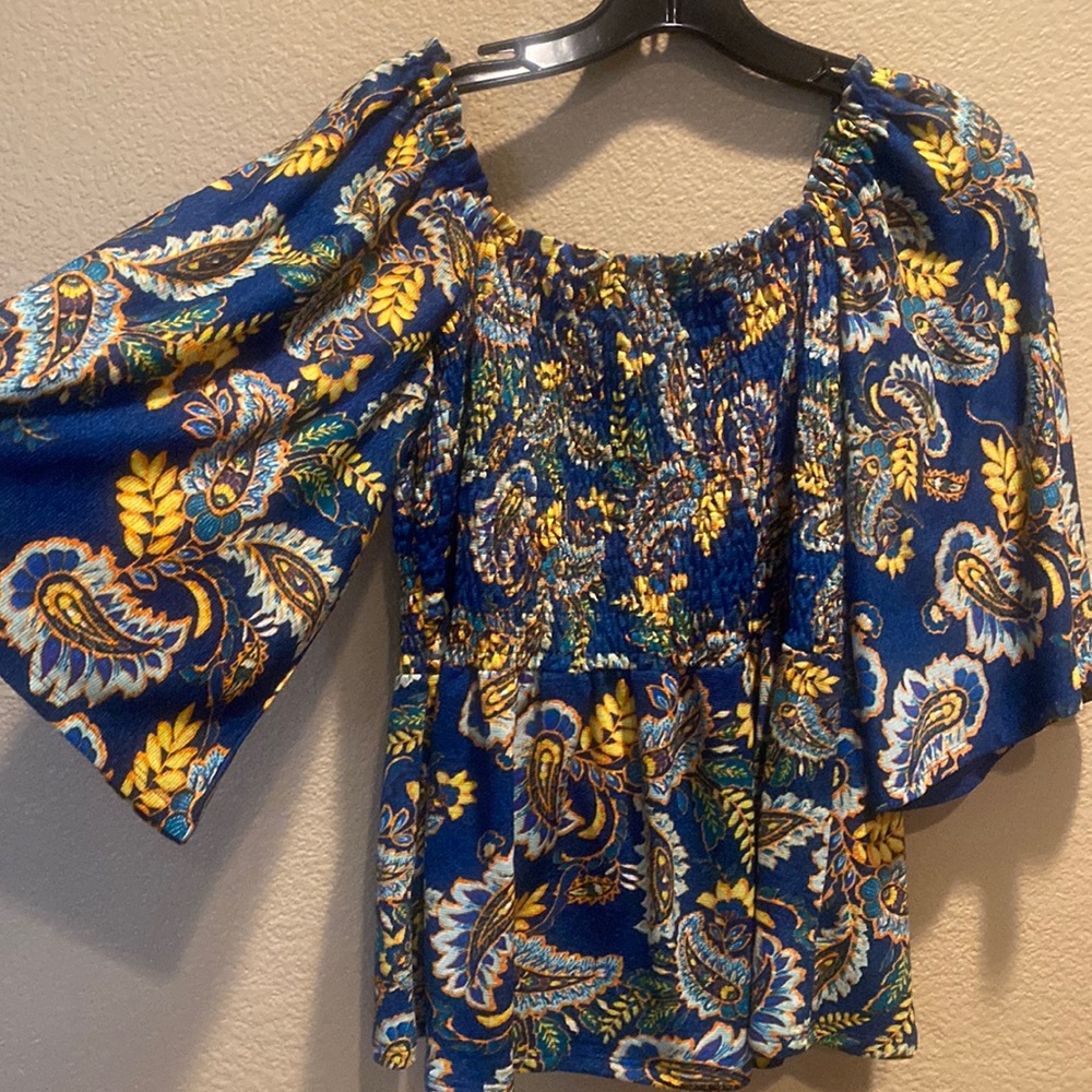 off shoulder tropical breezy stretch bodice with brightly colored blues, greens